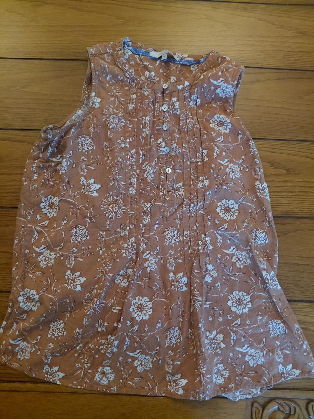 Casa Cabana Brown Floral Round Neck Sleeveless Button Blouse, Women's M